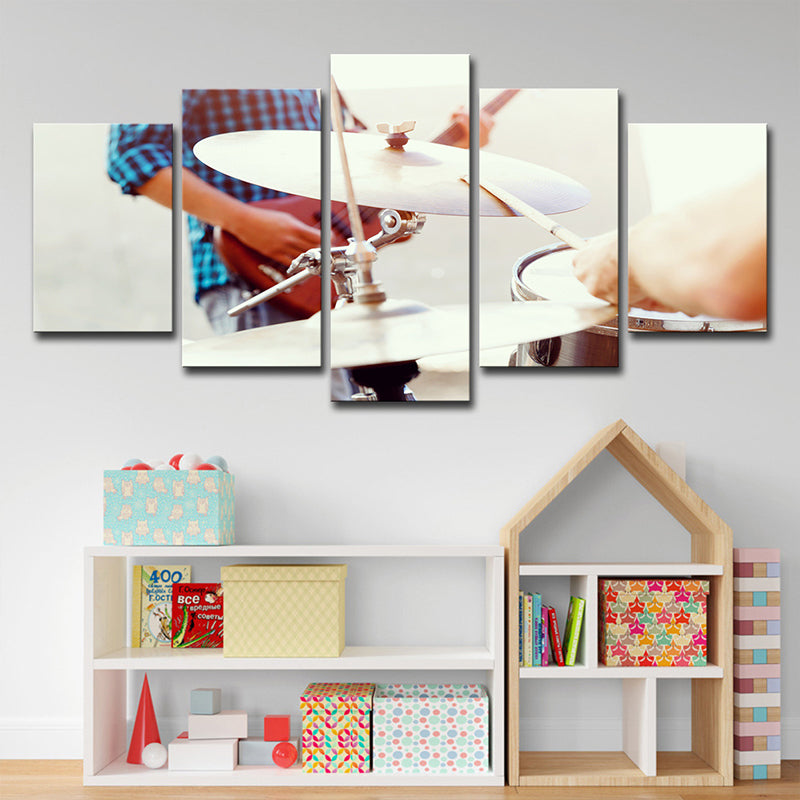 Modern Drum Beats Canvas Print White Musical Wall Art for Bedroom, Multi-Piece