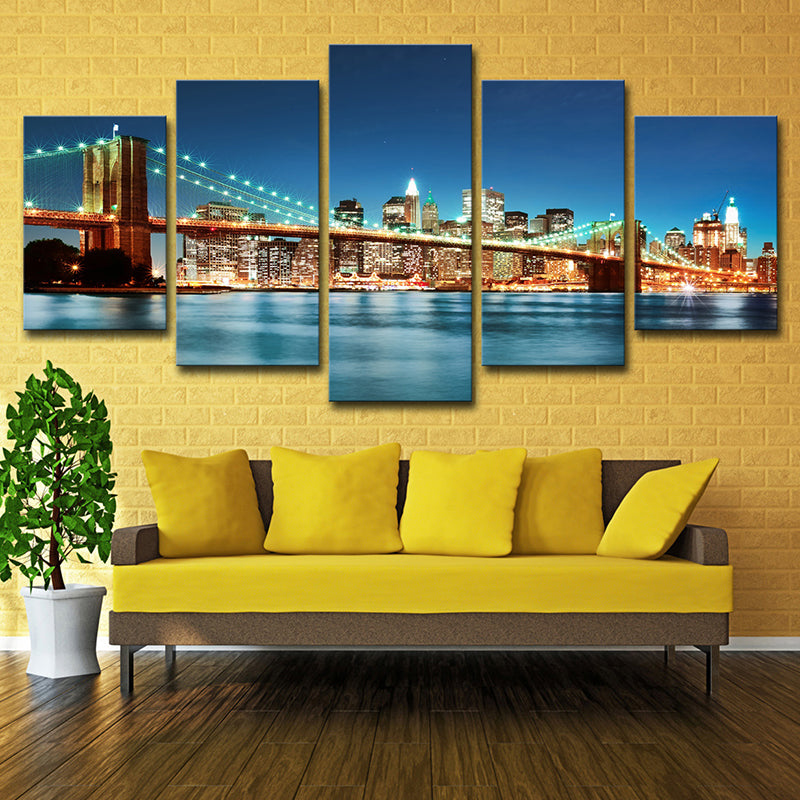 Modern Night Cityscape Wall Art Blue Brooklyn Bridge Canvas Print for Home, Multi-Piece