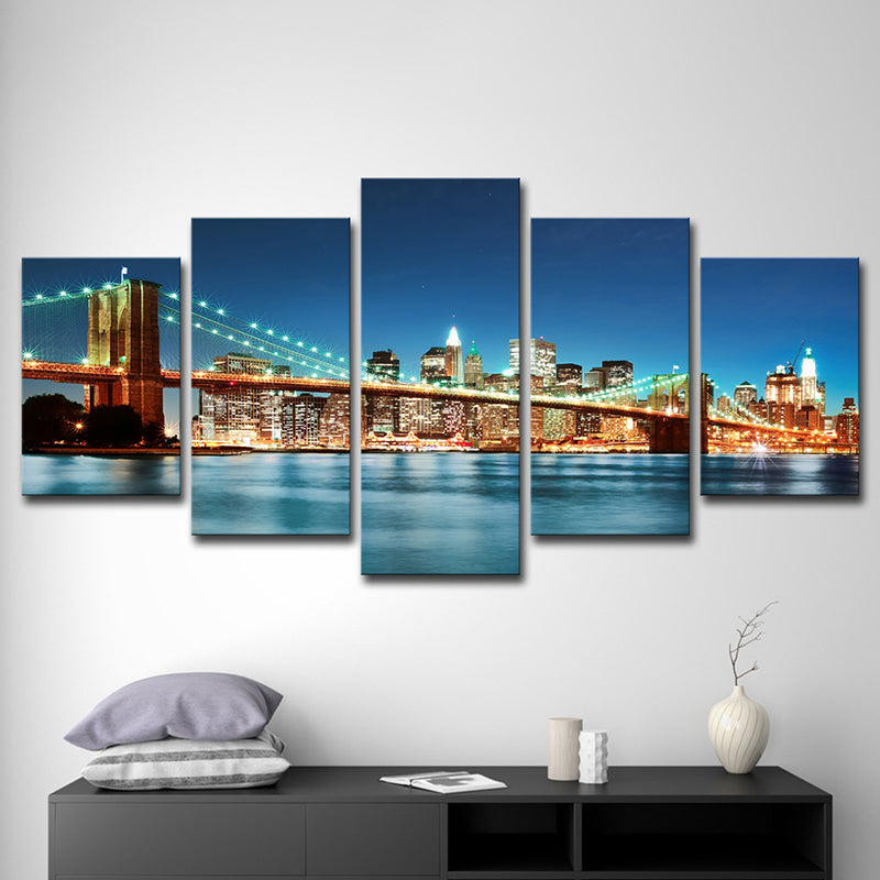 Modern Night Cityscape Wall Art Blue Brooklyn Bridge Canvas Print for Home, Multi-Piece