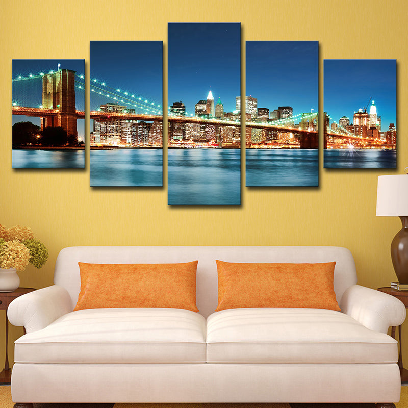 Modern Night Cityscape Wall Art Blue Brooklyn Bridge Canvas Print for Home, Multi-Piece