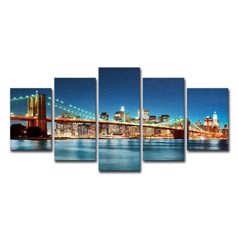 Modern Night Cityscape Wall Art Blue Brooklyn Bridge Canvas Print for Home, Multi-Piece