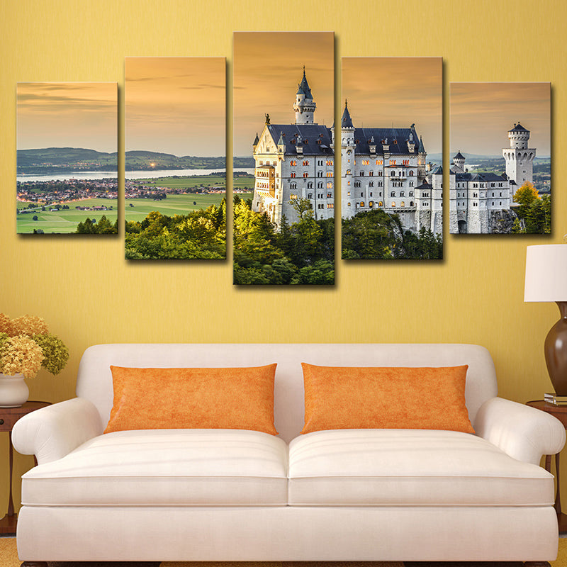 Modern Mansion Sunset Landscape Art Print White Multi-Piece Canvas for Living Room