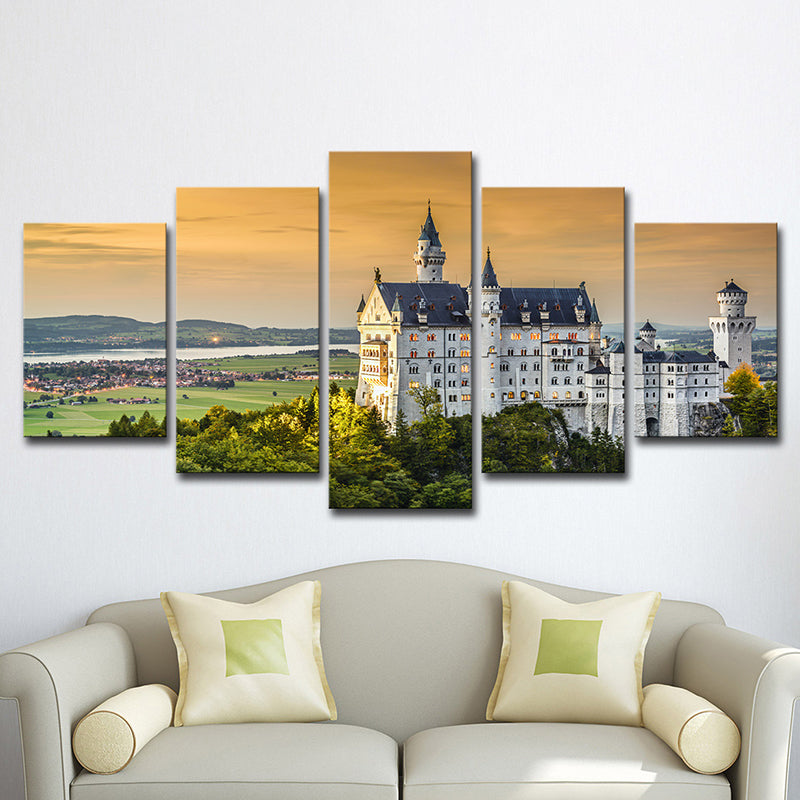 Modern Mansion Sunset Landscape Art Print White Multi-Piece Canvas for Living Room