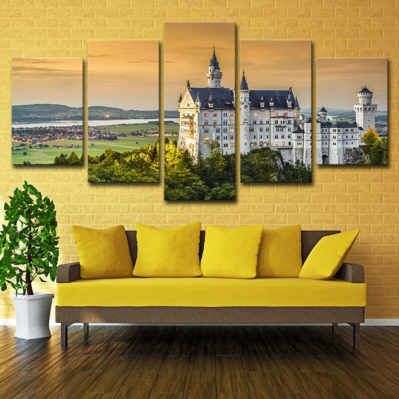 Modern Mansion Sunset Landscape Art Print White Multi-Piece Canvas for Living Room