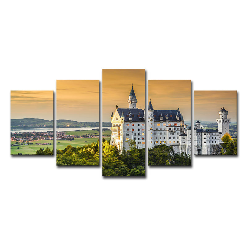 Modern Mansion Sunset Landscape Art Print White Multi-Piece Canvas for Living Room