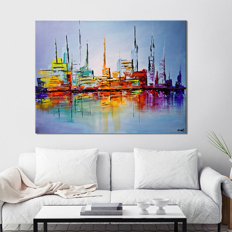 Skyscrapers Painting Contemporary Stunning Cityscape Wall Art Print in Orange-Blue