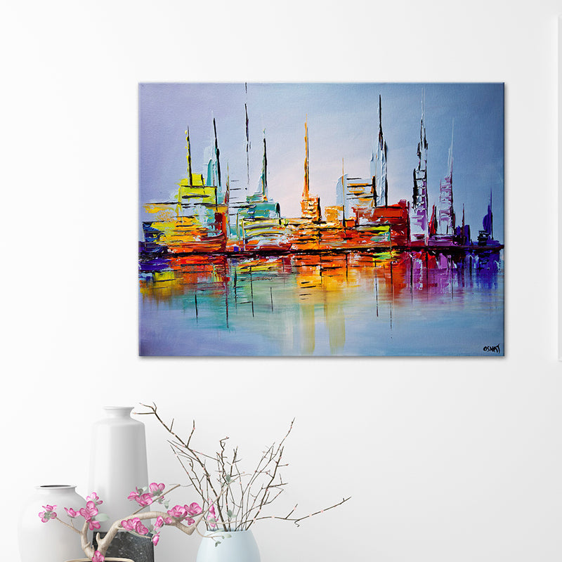 Skyscrapers Painting Contemporary Stunning Cityscape Wall Art Print in Orange-Blue