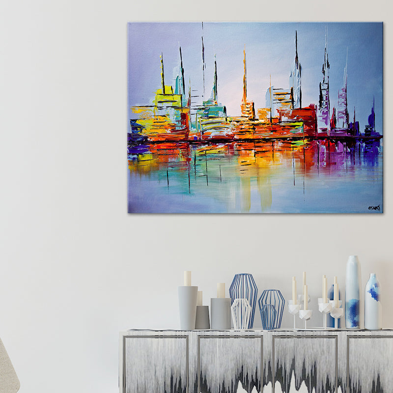 Skyscrapers Painting Contemporary Stunning Cityscape Wall Art Print in Orange-Blue