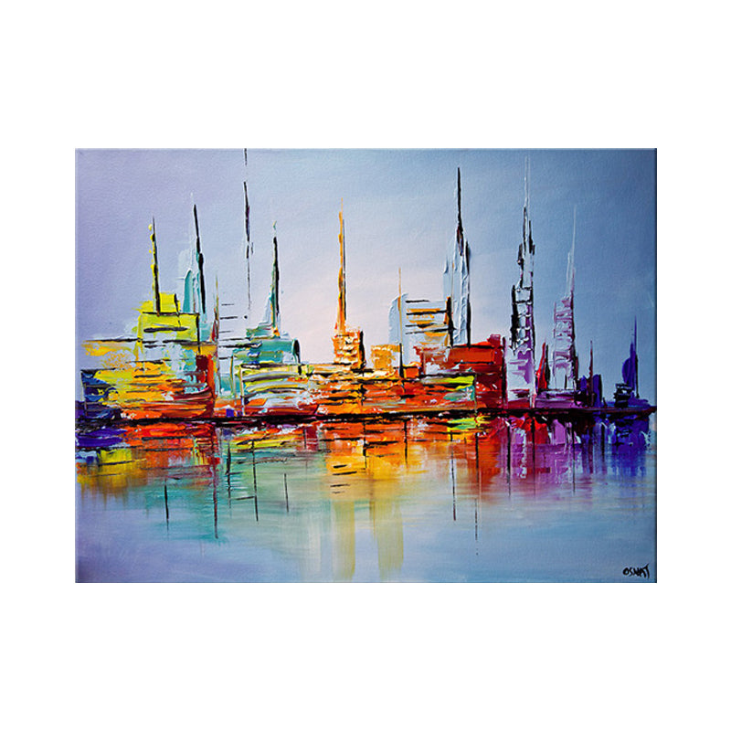 Skyscrapers Painting Contemporary Stunning Cityscape Wall Art Print in Orange-Blue