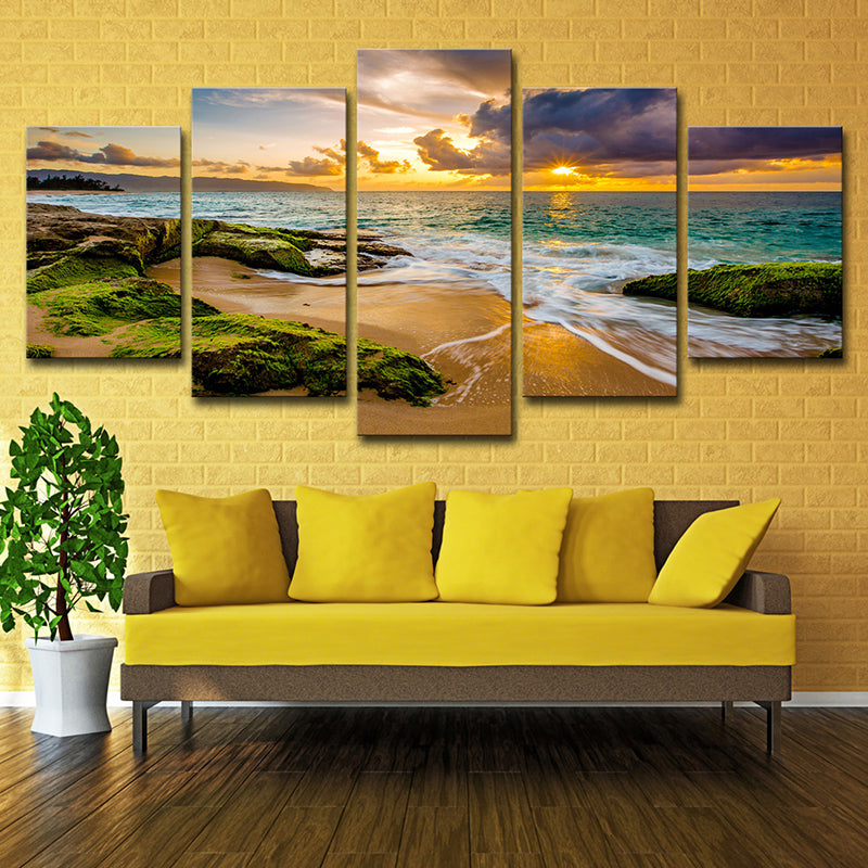 Green Moss Rock Shore Art Print Sunset Seascape Modern Multi-Piece Canvas for Corridor