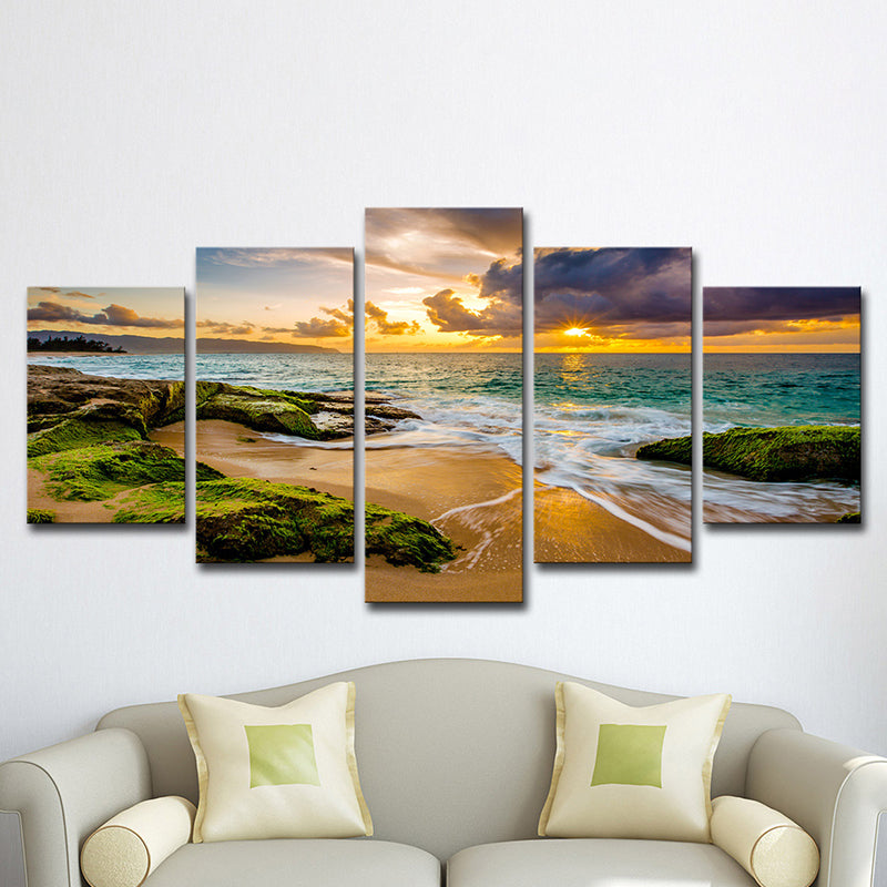 Green Moss Rock Shore Art Print Sunset Seascape Modern Multi-Piece Canvas for Corridor