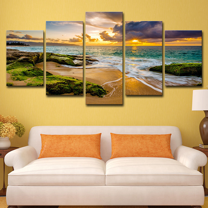 Green Moss Rock Shore Art Print Sunset Seascape Modern Multi-Piece Canvas for Corridor