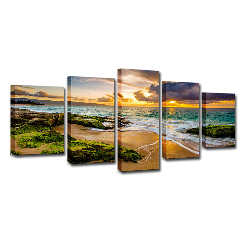 Green Moss Rock Shore Art Print Sunset Seascape Modern Multi-Piece Canvas for Corridor