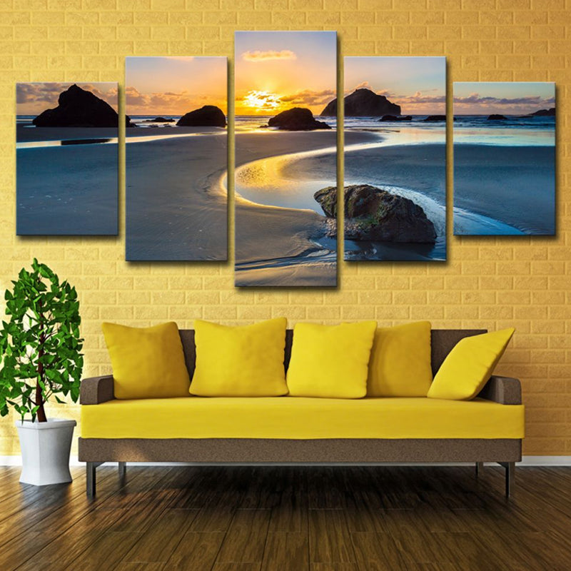 Yellow Sunset Tidal Flat Canvas Multiple-Piece Wall Art Print for House Interior