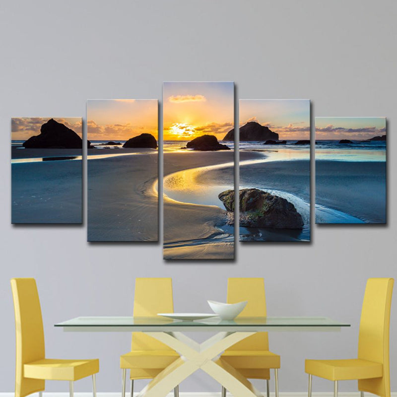 Yellow Sunset Tidal Flat Canvas Multiple-Piece Wall Art Print for House Interior