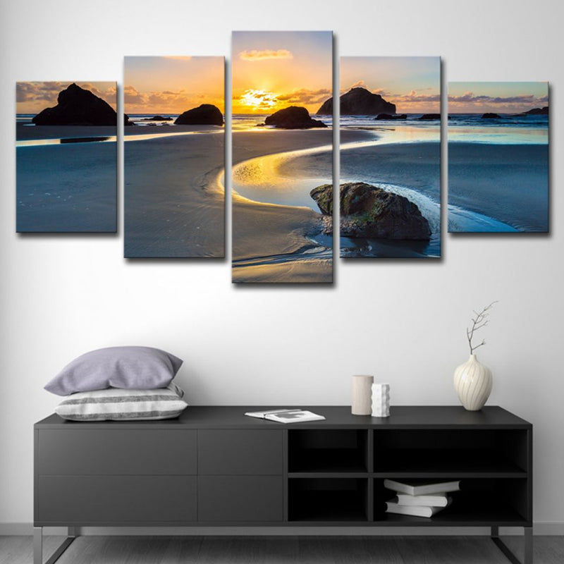 Yellow Sunset Tidal Flat Canvas Multiple-Piece Wall Art Print for House Interior