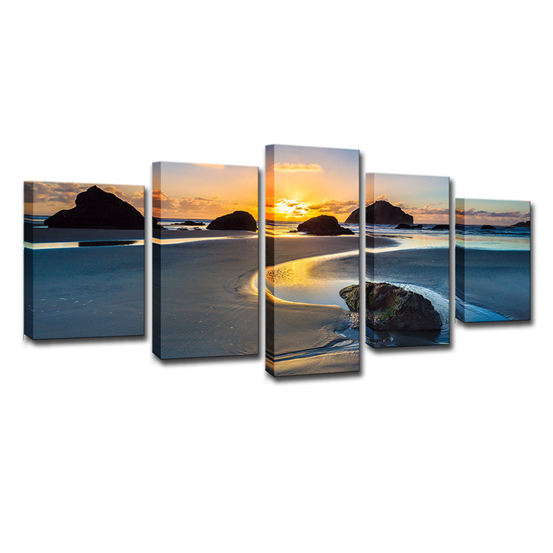 Yellow Sunset Tidal Flat Canvas Multiple-Piece Wall Art Print for House Interior