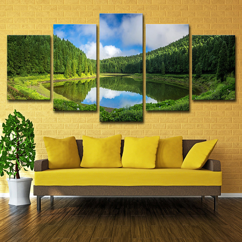 Lake and Pine Trees Canvas Multi-Piece Modern Family Room Wall Art Decor in Green