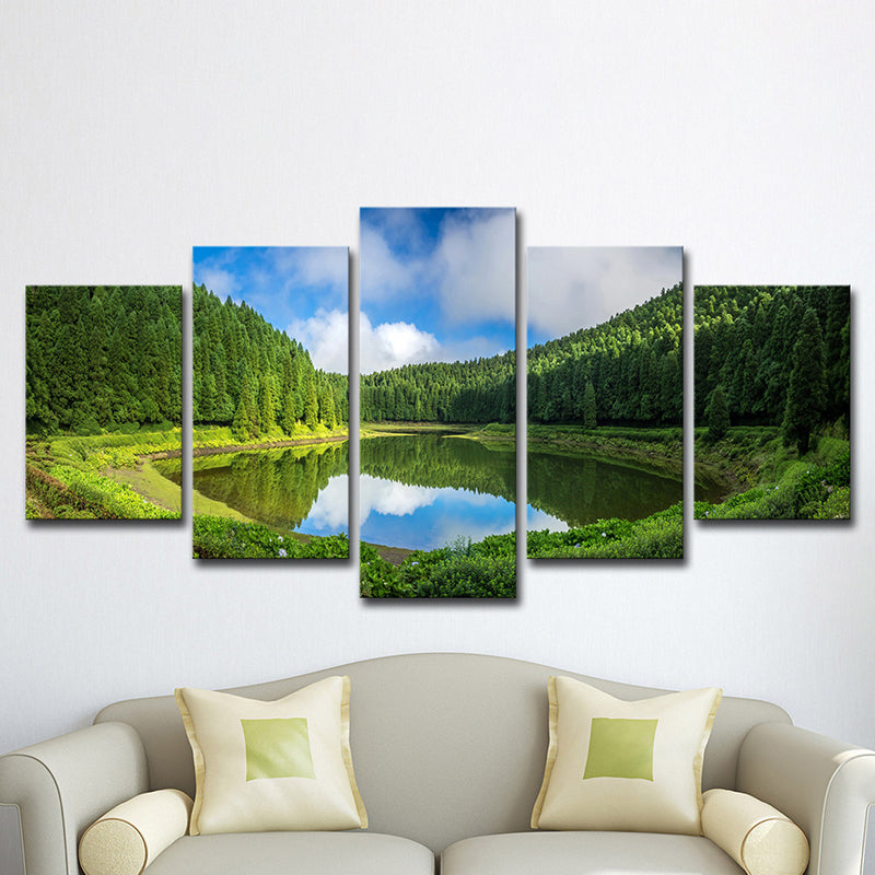 Lake and Pine Trees Canvas Multi-Piece Modern Family Room Wall Art Decor in Green