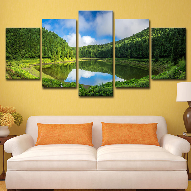 Lake and Pine Trees Canvas Multi-Piece Modern Family Room Wall Art Decor in Green