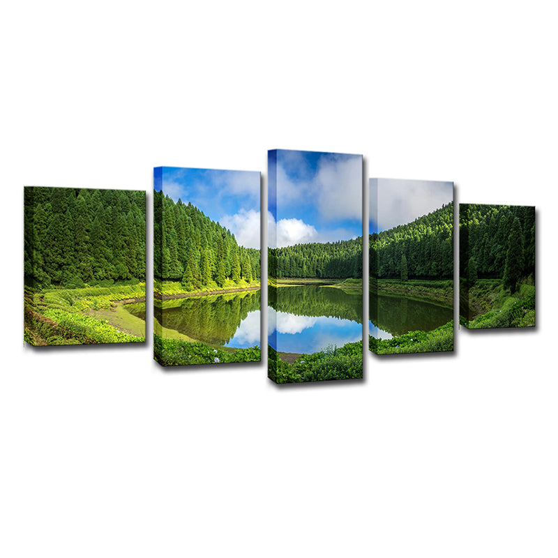 Lake and Pine Trees Canvas Multi-Piece Modern Family Room Wall Art Decor in Green