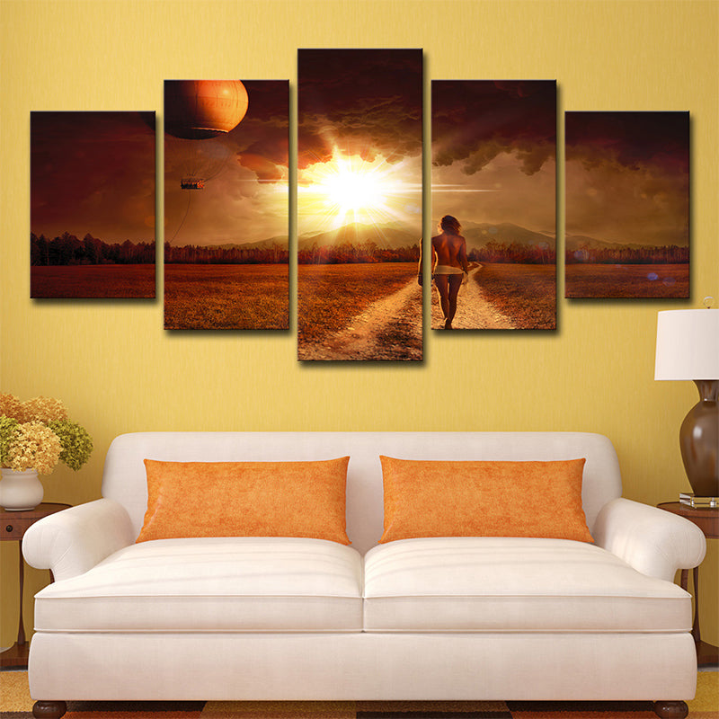 Multi-Piece Yellow Canvas Art Modern Woman Walking in Farm Path at Sunset Wall Decor