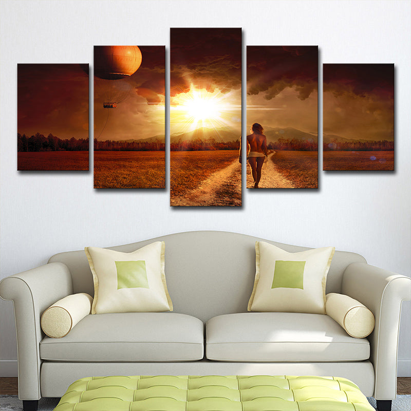 Multi-Piece Yellow Canvas Art Modern Woman Walking in Farm Path at Sunset Wall Decor