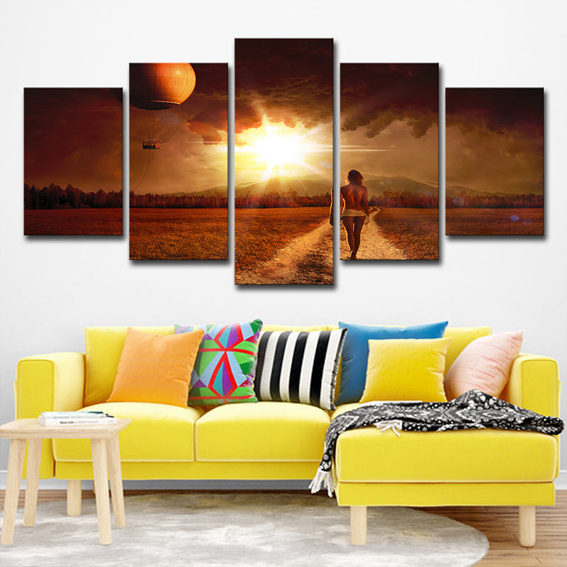 Multi-Piece Yellow Canvas Art Modern Woman Walking in Farm Path at Sunset Wall Decor