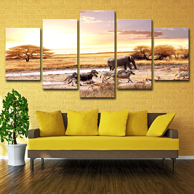 Yellow African Savanna Landscape Art Print Zebra and Elephant Tropix Multi-Piece Canvas