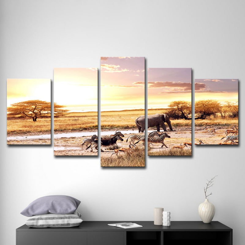 Yellow African Savanna Landscape Art Print Zebra and Elephant Tropix Multi-Piece Canvas