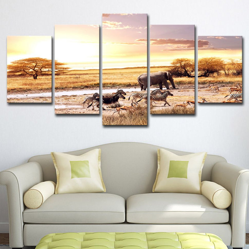 Yellow African Savanna Landscape Art Print Zebra and Elephant Tropix Multi-Piece Canvas