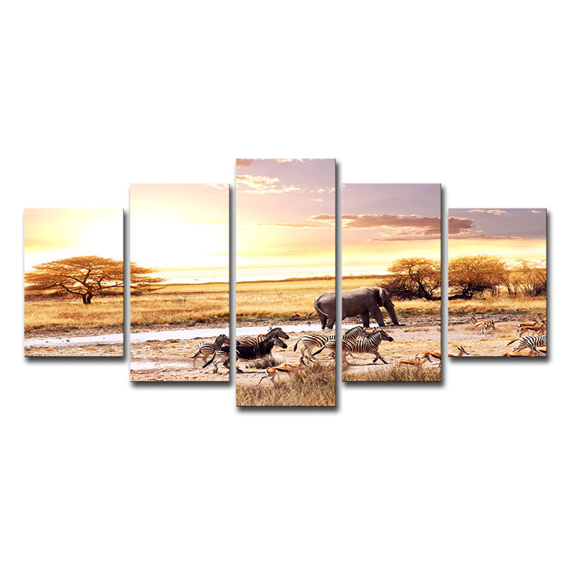 Yellow African Savanna Landscape Art Print Zebra and Elephant Tropix Multi-Piece Canvas