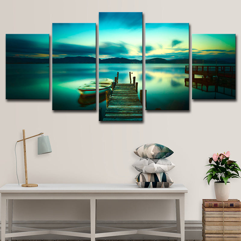 Aqua Modernist Wall Art Serene Lake with Bridge and Boat Scenery Canvas for Home