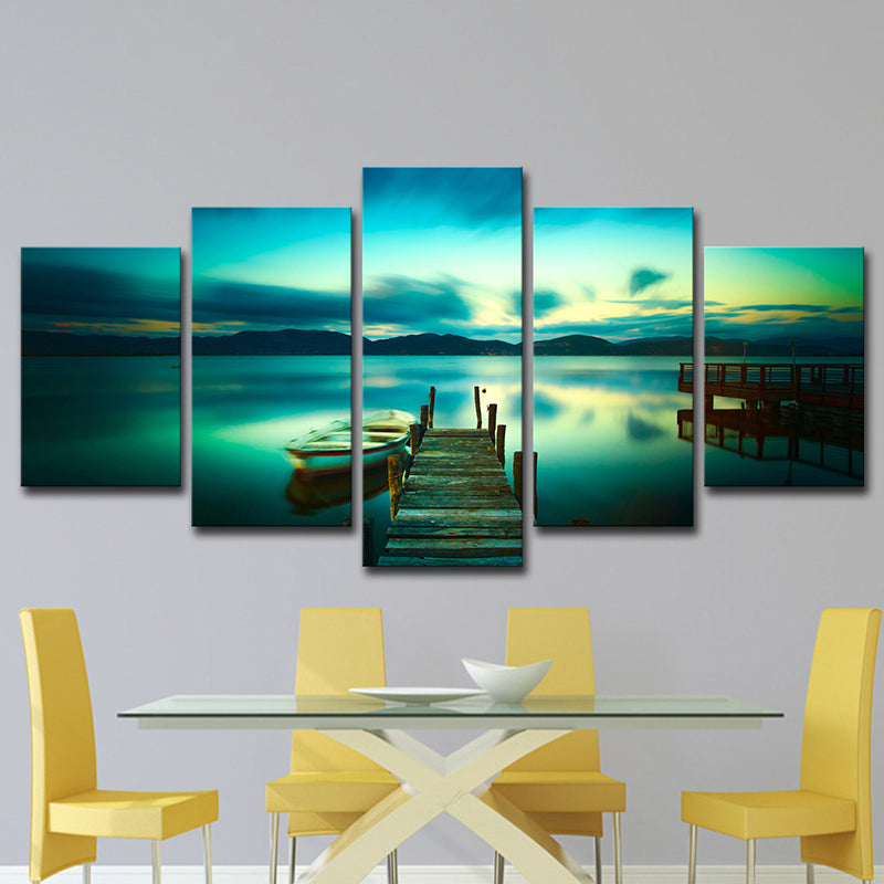 Aqua Modernist Wall Art Serene Lake with Bridge and Boat Scenery Canvas for Home