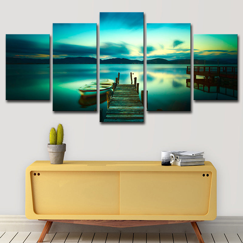 Aqua Modernist Wall Art Serene Lake with Bridge and Boat Scenery Canvas for Home