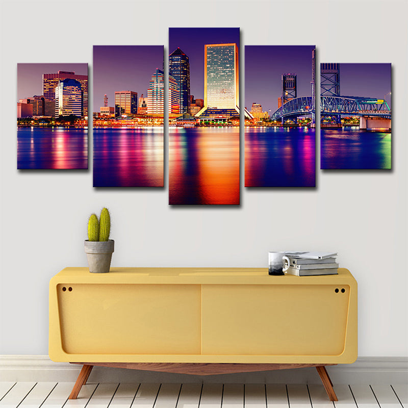 Riverside Skyscrapers Night View Art Print Purple Canvas Wall Decoration, Multi-Piece