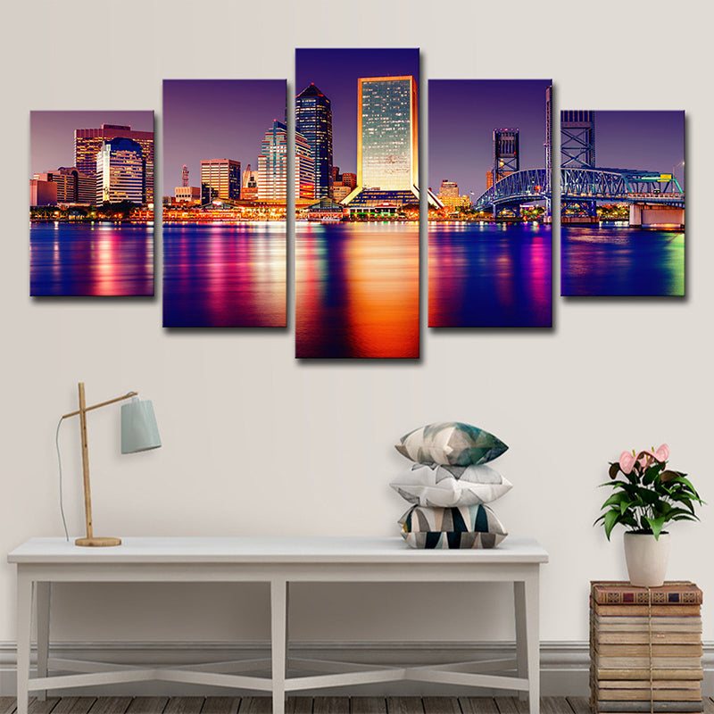 Riverside Skyscrapers Night View Art Print Purple Canvas Wall Decoration, Multi-Piece