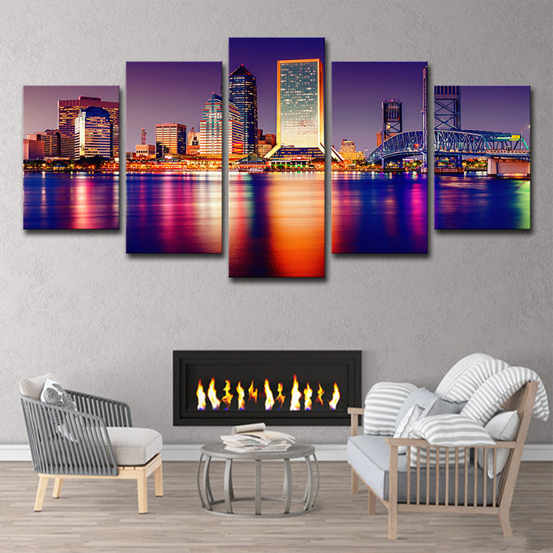 Riverside Skyscrapers Night View Art Print Purple Canvas Wall Decoration, Multi-Piece