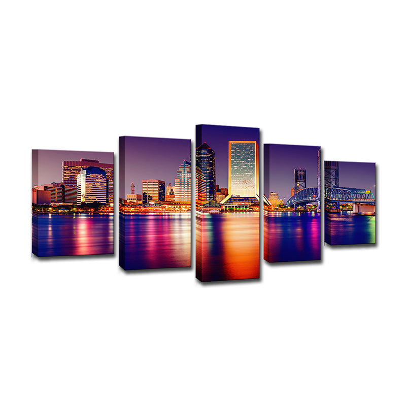 Riverside Skyscrapers Night View Art Print Purple Canvas Wall Decoration, Multi-Piece