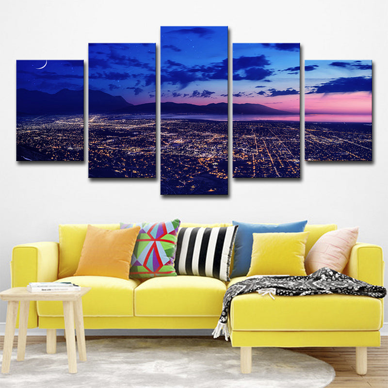 Purple Night Aerial View Canvas Print Luminous Cityscapes Modern Multi-Piece Wall Art