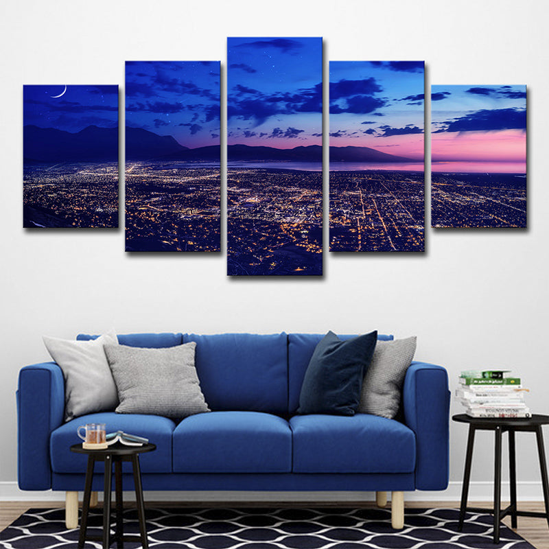 Purple Night Aerial View Canvas Print Luminous Cityscapes Modern Multi-Piece Wall Art