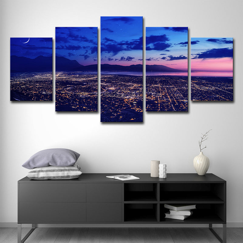 Purple Night Aerial View Canvas Print Luminous Cityscapes Modern Multi-Piece Wall Art