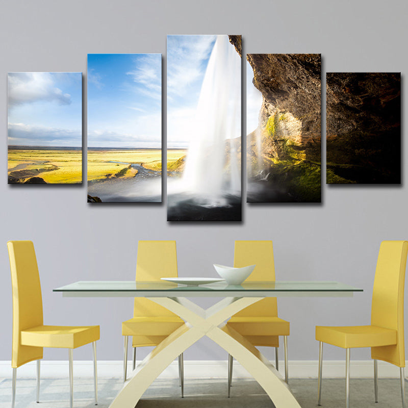 Sky Blue Landscape Wall Art Waterfall View from Inside Modern Multi-Piece Canvas