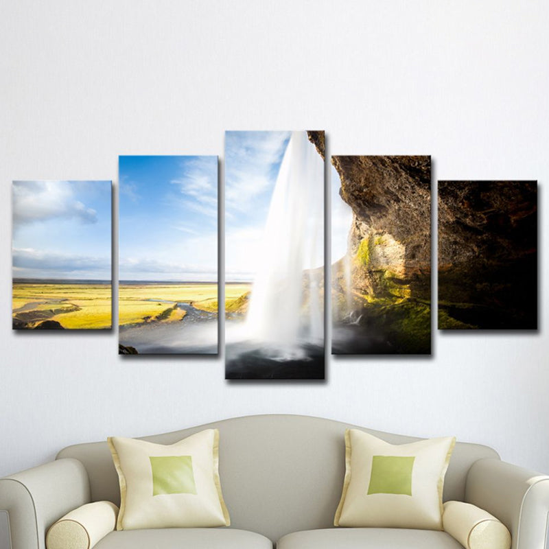 Sky Blue Landscape Wall Art Waterfall View from Inside Modern Multi-Piece Canvas