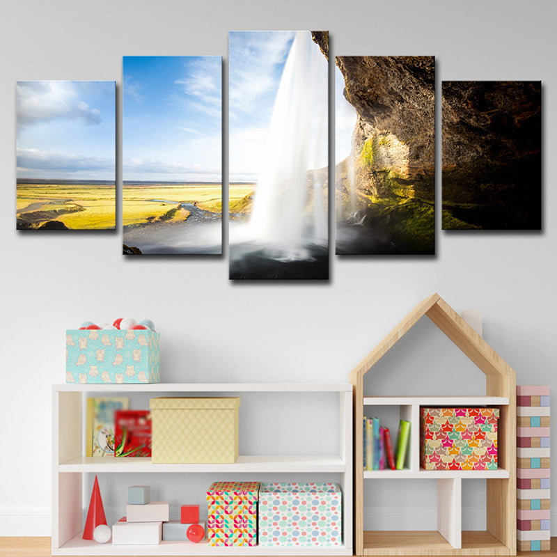 Sky Blue Landscape Wall Art Waterfall View from Inside Modern Multi-Piece Canvas