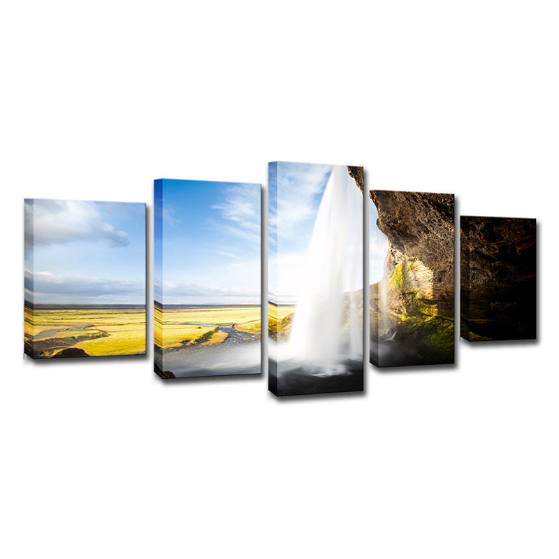 Sky Blue Landscape Wall Art Waterfall View from Inside Modern Multi-Piece Canvas