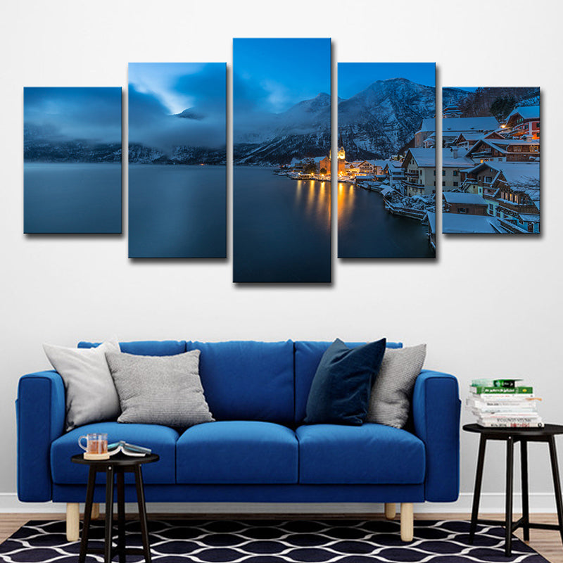 Canvas Multi-Piece Wall Art Modern Snowy Mountain Riverside Town Night View Wall Decor in Dark Blue