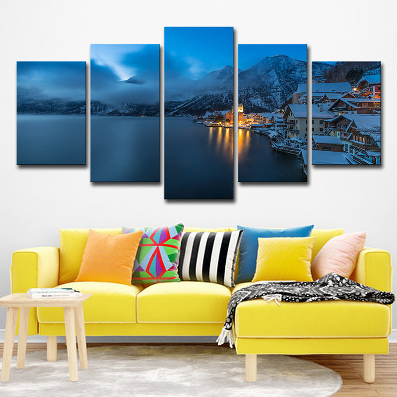 Canvas Multi-Piece Wall Art Modern Snowy Mountain Riverside Town Night View Wall Decor in Dark Blue