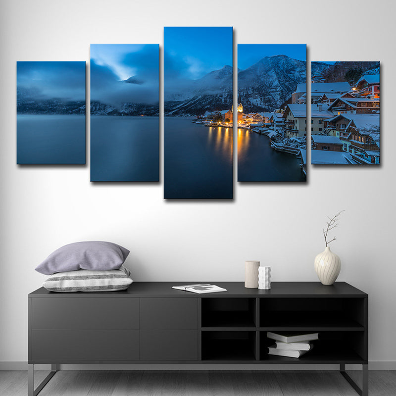 Canvas Multi-Piece Wall Art Modern Snowy Mountain Riverside Town Night View Wall Decor in Dark Blue