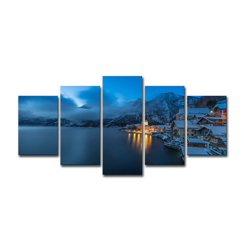 Canvas Multi-Piece Wall Art Modern Snowy Mountain Riverside Town Night View Wall Decor in Dark Blue